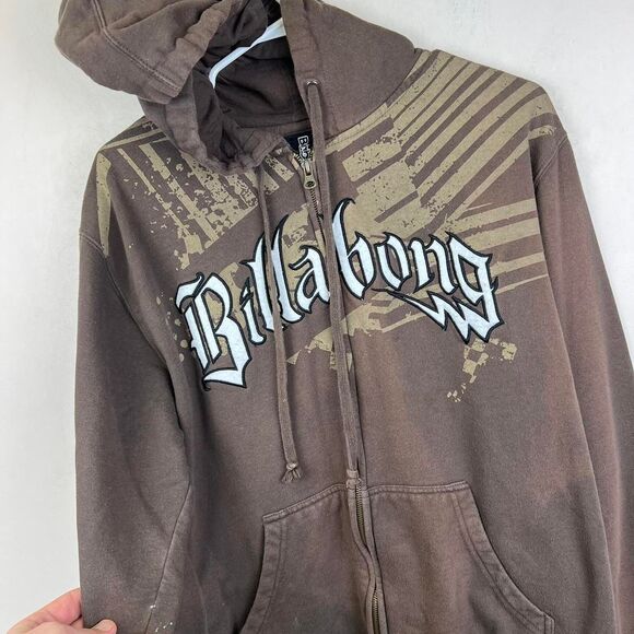 Vintage Brown Y2K Billabong Lined Zip Up Embroidered Logo Hoodie Size L - Picture 4 of 8